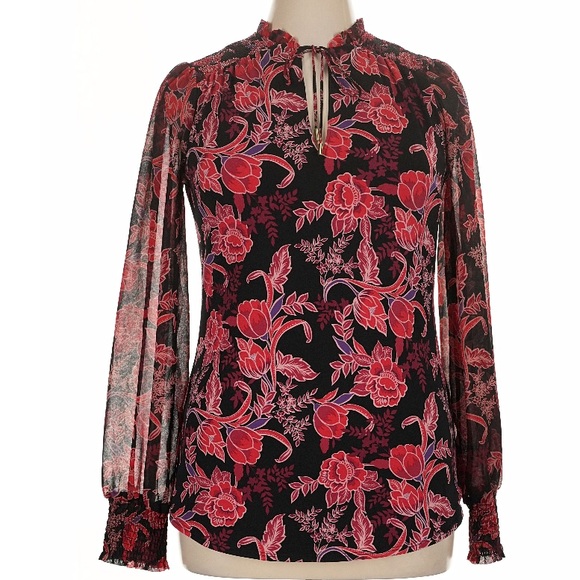 NWT WHITE HOUSE BLACK MARKET Floral Sheer Long Sleeve Tie Blouse Size Medium - Picture 3 of 5